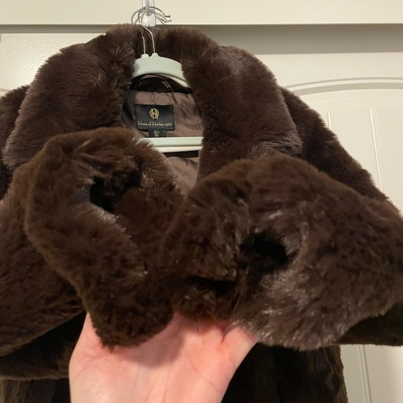 HOUSE OF HARLOW 1960 Faux Fur Chocolate Brown Long Coat Jacket size large - Picture 6 of 13